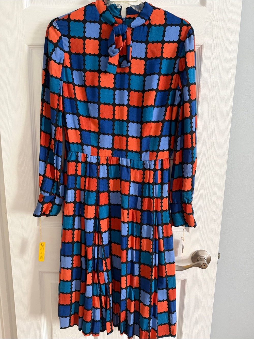 Joan Leslie by Kasper Geometric Print Tie-Neck Pleated Dress - VINTAGE 1970s